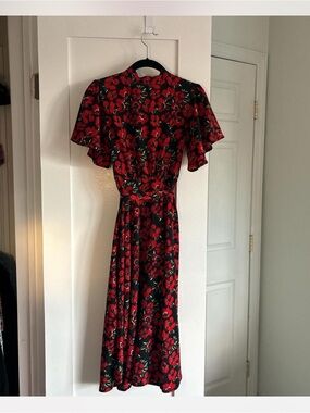 Nasty Gal Black Midi Dress with Red Floral Print